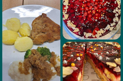 Schnitzel,Blumenkohl mit Semmelbrösel und Kartoffeln- Himbeergeleekuchen für das Geburtstagskind